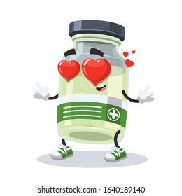 In love cartoon antiviral vaccine glass bottle character mascot on white background