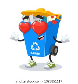 In love cartoon blue recycle garbage can with paper character mascot on white background