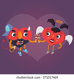 love cartoon characters in the form of hearts angel and demon. Concept "Love is"