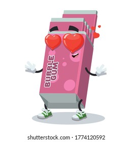 In love cartoon Chewing Bubble Gum in Pink Pack character mascot on white background