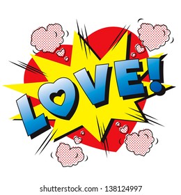 Love cartoon explosion. Falling in love. Love firework. Heart typography.