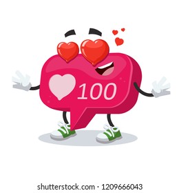 In love cartoon follower like Icon of social media notification, 100 likes character mascot on white background