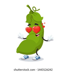 In love cartoon fresh green pea pod character mascot on white background