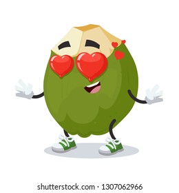 In love cartoon green coconut fruit character mascot on white background