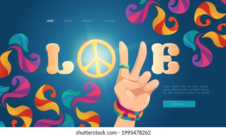 Love Cartoon Landing Page With Hippie Hand Show Peace Gesture On Colorful Ornate Psychedelic Background. Rock-n-roll Hippy Festival Booking Tickets Service, Musical Concert, Festival Vector Web Banner