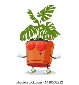 In love cartoon monstera plant in a pot character mascot on white background