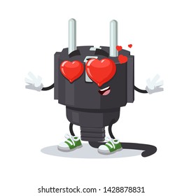 In love cartoon power plug type E character mascot on white background