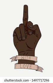 With Love. Cartoon print. Hand sign. Funny print on sticker and clothes.