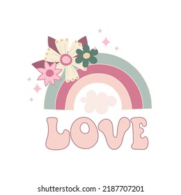 love. Cartoon rainbow, flowers, cloud, hand drawing lettering, décor elements. colorful vector illustration, retro style. design for cards, print, posters, logo, cover