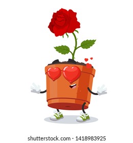 In love cartoon rose flower in a pot character mascot on white background