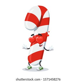 In love cartoon striped christmas candy cane character mascot on white background