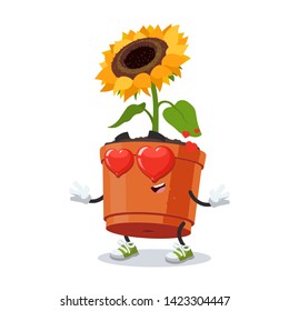 In love cartoon sunflower flower in a pot character mascot on white background