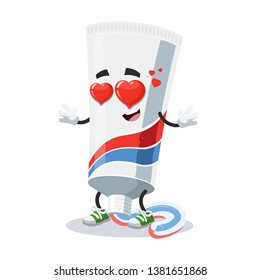 In love cartoon tube of toothpaste with squeezed striped dentifrice character mascot on white background