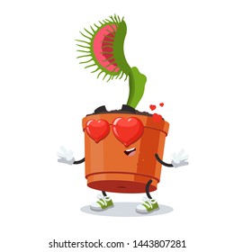 In love cartoon Venus flytrap plant in a pot character mascot on white background