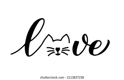 Love cat calligraphy lettering. Pet lover concept. Vector template for typography poster, banner, sticker, t-shirt, etc.