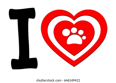 I love cat and dog logo. I Love My pet Text With Red Heart Paw Print. Raster Illustration Isolated on white