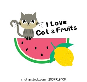 i love cat and fruits drawing vector