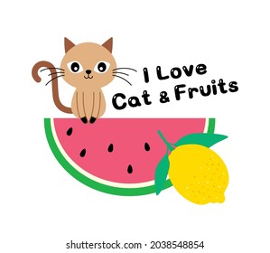 i love cat and fruits drawing vector