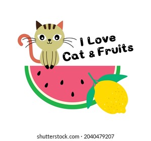 i love cat and fruits drawing vector