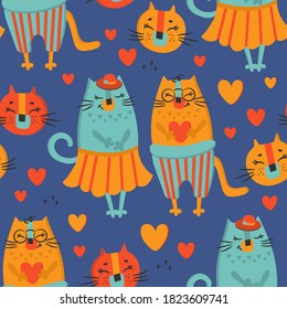 AMOR CAT Hand Drake Flat Design Grunge Style Cartoon Cute Animal Seamless Pattern Vector Ilustración Para Imprimir