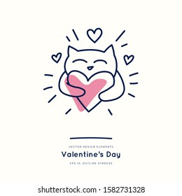 Love cat with heart doodle icon isolated on white, hand drawn vector illustration. Happy Valentine's Day. Concept for card, children print, social media post