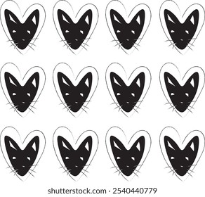 Love cat inside the heart pattern hand drawn and vector mix style icon with black and white color palette simple for wrap or print product