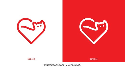 Modelo de design de logotipo Love Cat. Logotipo Pet Love com estilo Lineart de contorno. Logotipo do amor do animal de estimação, Ícone, Símbolo, Vetor, Inspiração do design.