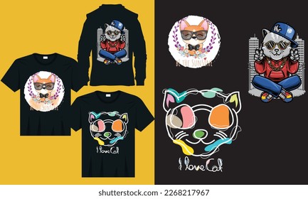 I love cat t-shirt design, Cute cat character vector illustration, Cute animal puppy cool with glasses illustration