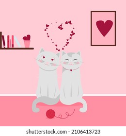 Сouple love of cat in valentine day. Enamored cats in a room with a picture and shelves with books. cats in love. Vector illustration. 