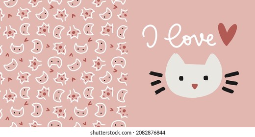 I love cat vector hand drawn accent print and coordinating seamless pattern design set for toddler girl, teenager or joung woman home clothing.