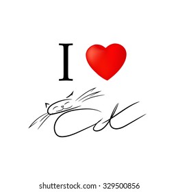 I love cat. Vector illustration with red heart and hand drawn letter, design for people who love cat.