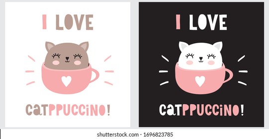 I love Catppuccino. Funny Vector Illustration with Lovely Cat in a Cup of Cappuccino Coffee. Sweet Nuresery Art.  White Kitty in a Pink Mug Isolated on a Black Background. Brown Cat on  a White. 