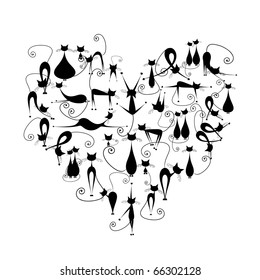 I love cats! Black cats silhouette in heart shape for your design