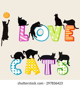 I love cats card with black cats silhouettes