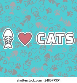 I love cats card. Cute background with cat paw prints and hearts. Vector illustration