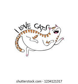 I love cats. Cute cat. Cartoon Lettering. Isolated vector object on white background.