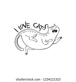 I love cats. Cute cat. Cartoon Lettering. Isolated vector object on white background.