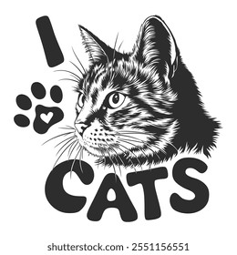 I Love Cats Design with Cat Head and Paw Print.