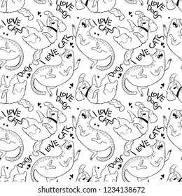 I love cats and dogs. Cute cat and puppy. Seamless vector pattern (background).