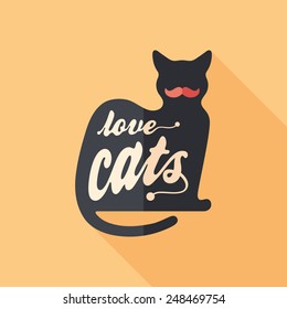 Love cats flat square icon with long shadows.