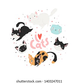 I love cats Hand drawn background with cats and lettering. Isolated vector illustration 