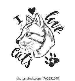 I love cats. Handwriting phrase with hand drawn monochrome cat in sketch style. Typography design. Vector illustration EPS 10 isolated on white background.