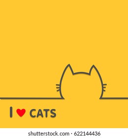 I love cats heart. Black cat head face contour silhouette line icon. Cute cartoon character. Text lettering. Kitten whisker Baby pet Yellow background. Isolated Flat design Vector illustration