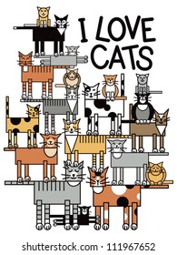 I Love Cats illustration of a group of cute cats performing a balancing act,