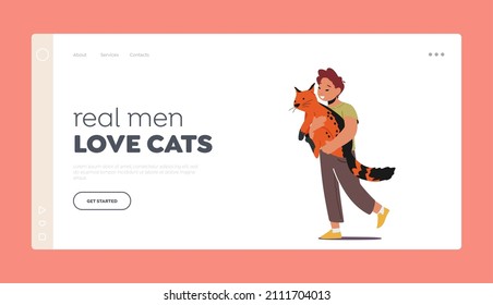 Love Cats Landing Page Template. Tenderness to Animals Concept, Preteen Kid Hug and Carry Cat, Little Child Character Cuddle with Pet, Boy Play with Cute Kitten. Cartoon People Vector Illustration