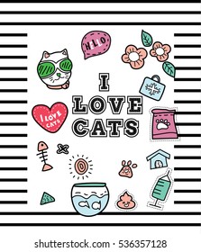 I love cats with patch fashion pins t-shirt pocket .vector illustration