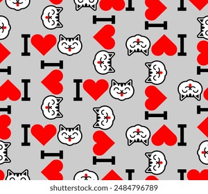 I love cats pattern seamless. Heart and cat background. I like pet texture. Symbol of love for animals ornament