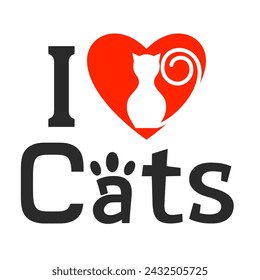 I love cats ,Sticker with the letters I Love Cats, Cat Lover Symbol Icon, Pet Lover Logo