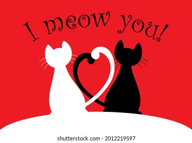 Lieblingskatzen mit den Schwänzen, die wie ein Herz gekreuzt werden, ich meine dir romantische Katzen-Karte, verliebte Katzen, Valentinstag-Karte, schwarz-weiße Katzen auf rotem Hintergrund