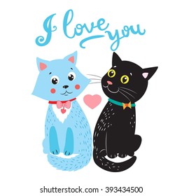 Love Cats. Vector Cartoon Animals Illustration. Two Cats. I Love You So Much.Vector illustration on white background. Black and white cat.